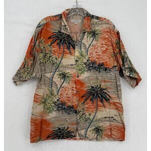 Citron Santa Monica Mens Orange Tropical Trees Short Sleeve Button Shirt Sz M